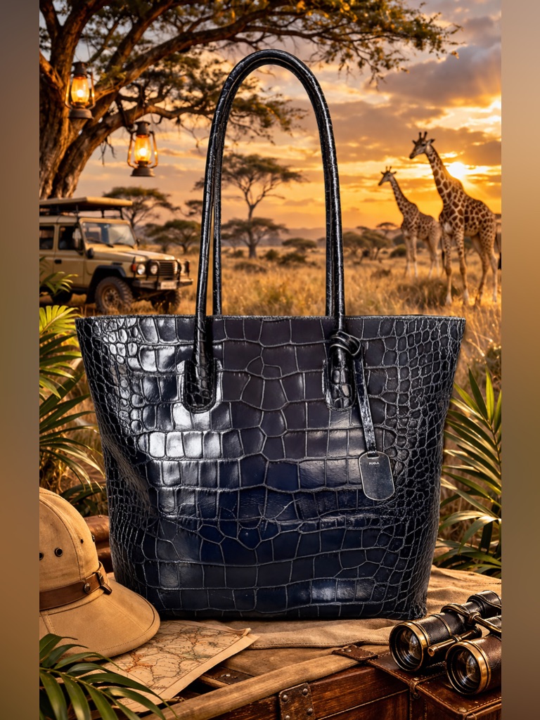 Furla Croc-Embossed Dark Blue Tote